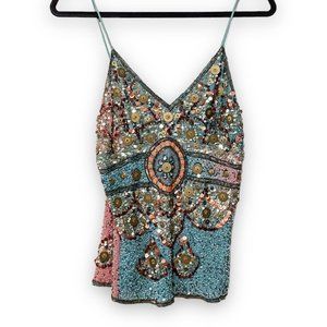 Vintage Aftershock 100% Silk Hand Beaded Teal Pink Ombré Bohemian Tank Top Small